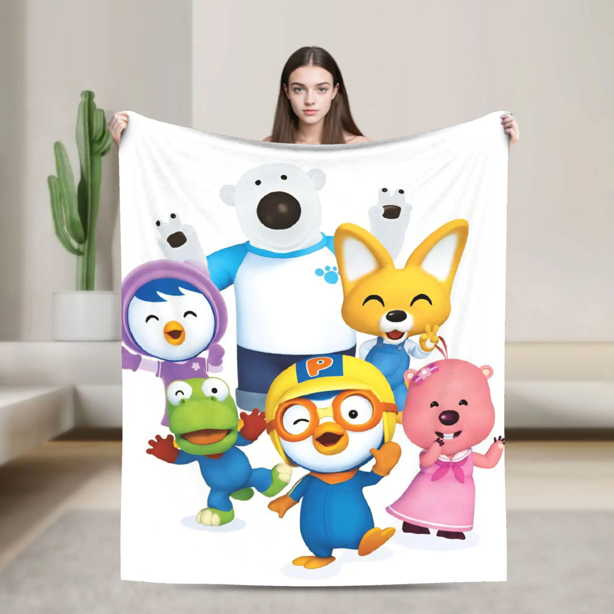 Cartoon Pororos Fleece Throw Blanket Blanket for Home Travel Ultra-Soft Bedspread,