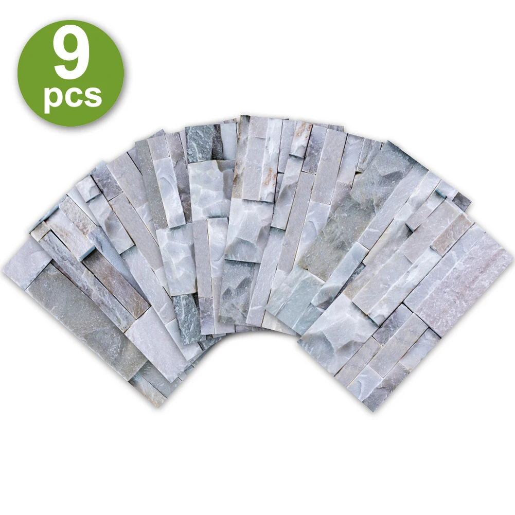 Mosaico Stone Bricks Wall Tile, Etiqueta da escada do banheiro, Azulejos auto-adesivos, Home Decor, Papel de parede artificial, 9pcs