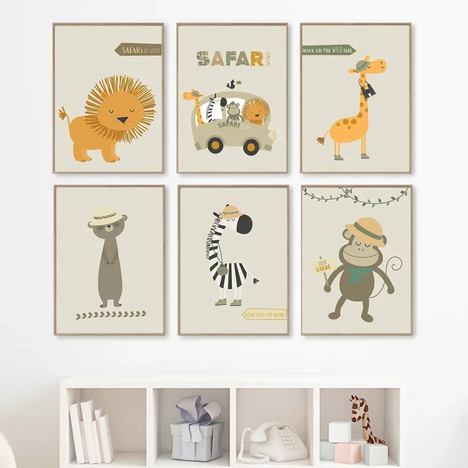 Safari Tours Giraffe Monkey Lion Zebra Nursery Wall Art Canvas Painting Nordic Posters And Prints Wall Pictures Kids Room Decor