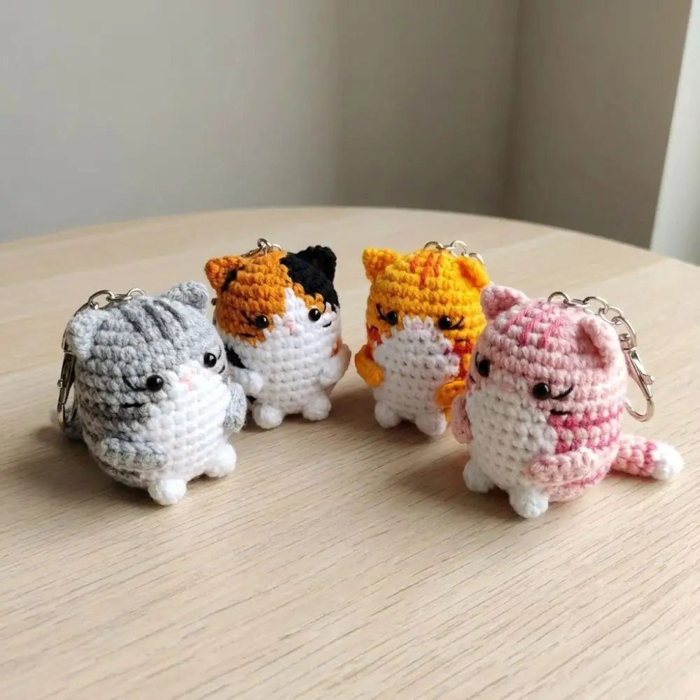 Finished Handmade Crochet Kitten Keyring Handwoven DIY Crafts Cat Pendant Multi-color Mini Cat Keychain Backpack Decor