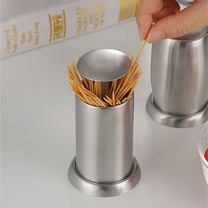 1PC Press Type Stainless Steel Toothpick Holder Storage Box Creative Automatic Spring Cover Dust-Proof Toothpick Dispenser