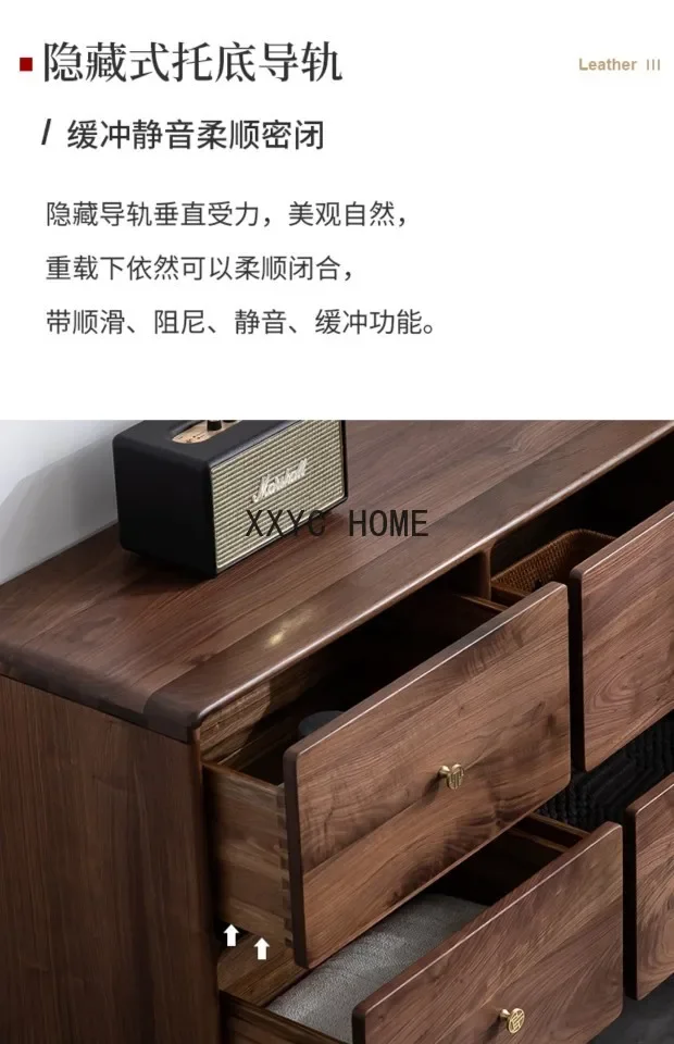 Cómoda de seis cajones de nogal negro de América del Norte, gabinete de almacenamiento de madera maciza, aparador de pared de salón y pasillo