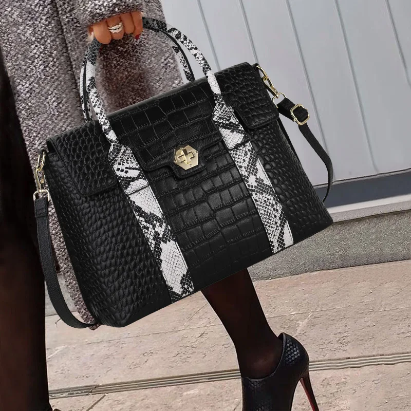 Aidrani Women's Croc Embossed Cowhide Handbag, Light Luxury Snake Patchwork Large Capacity Purse, Versatile Black Shoulder & Cro