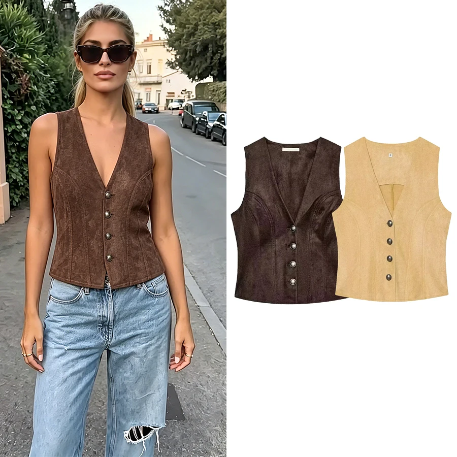 Women's Suede Texture Button up Vest Top Women Summer Tops Sleeveless Short Length V-Neck Street Style Lady Vest