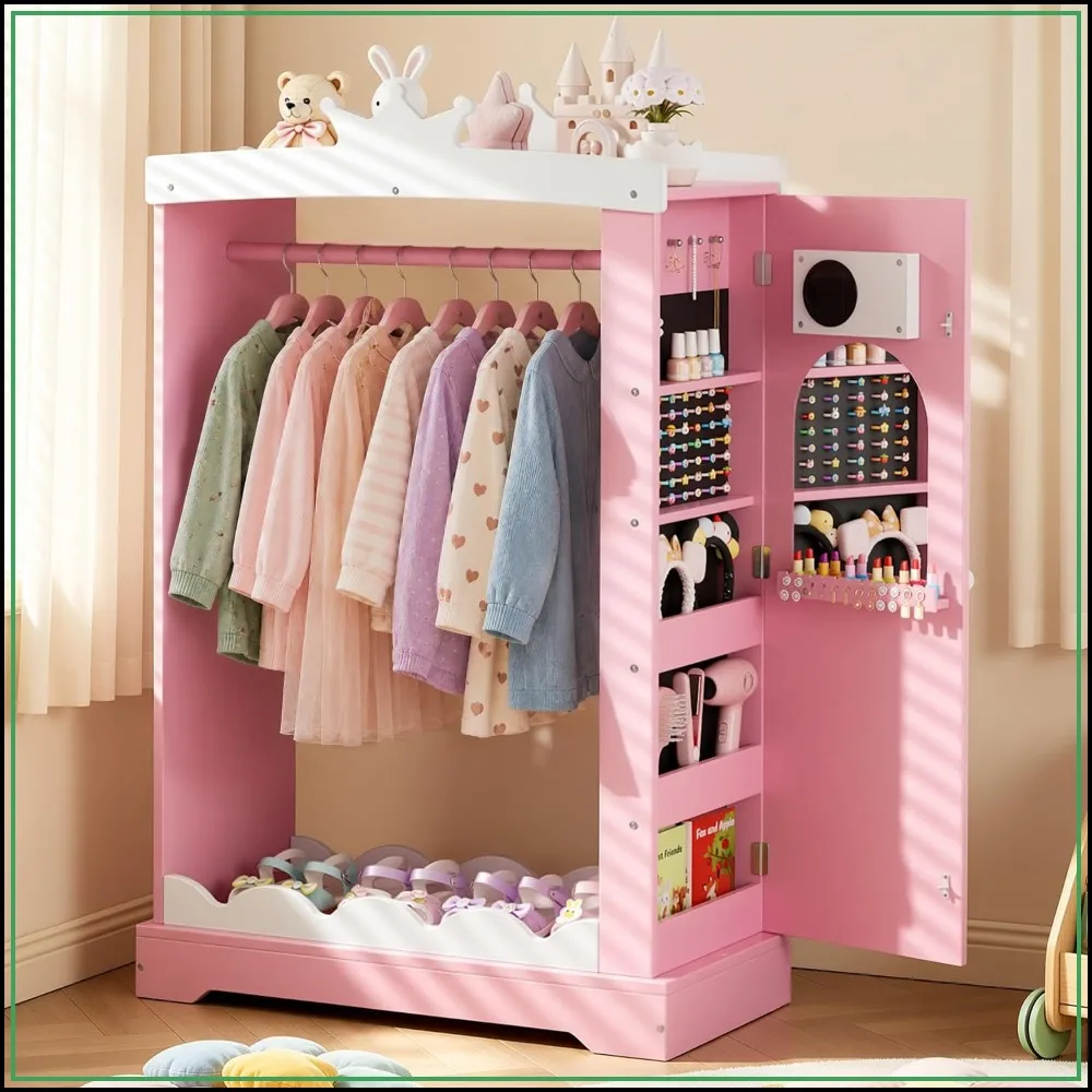 Wooden Dress Up Wardrobe with Light-Up Mirror & Jewelry Cabinet, Pretend Play Armoire Pink