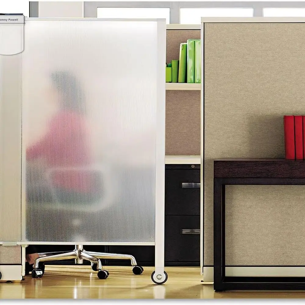 

Portable 64x38 Translucent Wall Divider with Adjustable Height, Aluminum Frame, Wheels, and Whiteboard Attachment