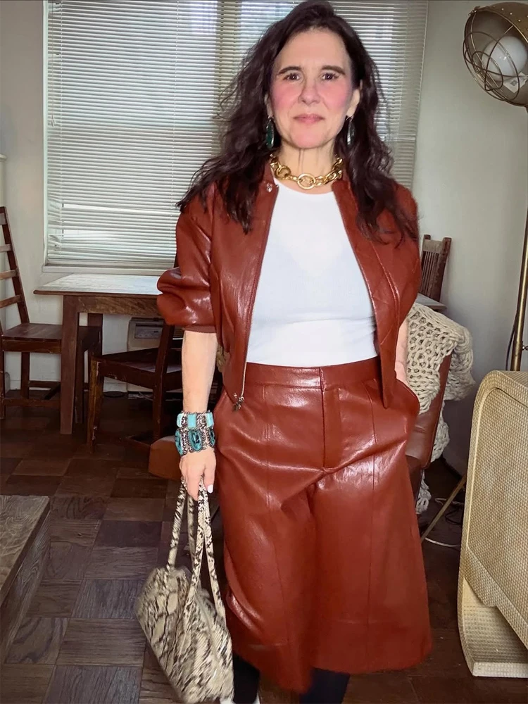 

Faux Leather Zip Up Ruched Bomber Jacket And Bubble Skirt Set Women 2026 Brown Elegant Vintage Casual Soft Daily Wear Outfits