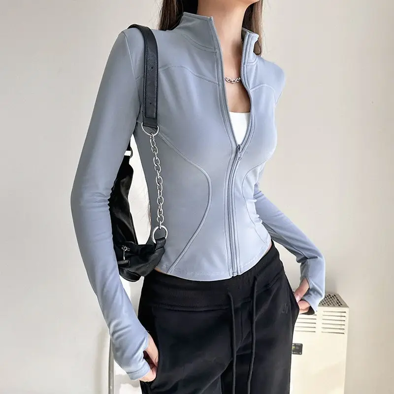 Spring Quick Drying Women Motion Zipper Solid Color Bodybuilding Casual Stand Collar Elastic Force Comfortable All-match Coat