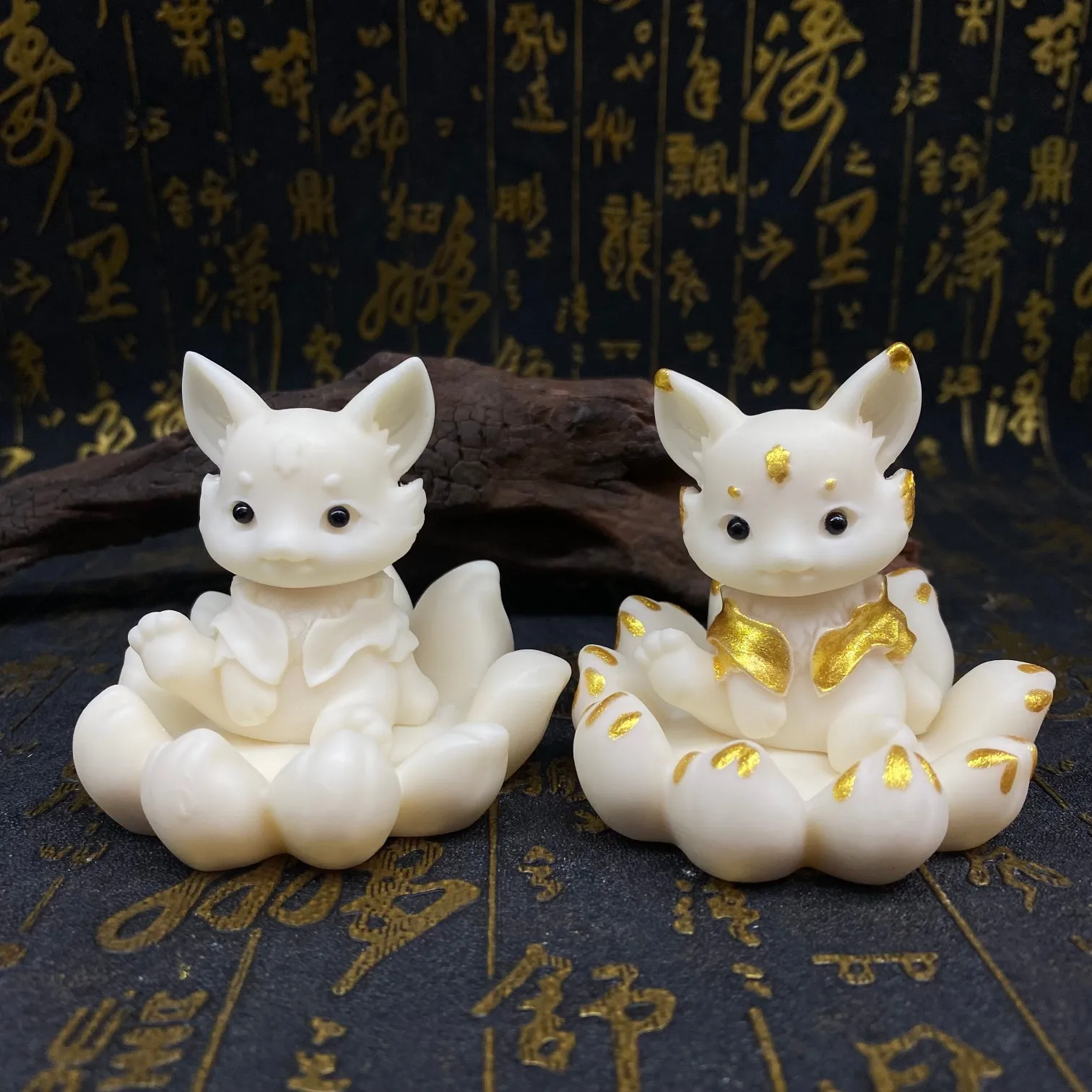Ivory Nut Carved Cute Q‑Version Nine‑Tailed Fox Figurine Desktop Tea Pet Car Interior Decor Craft Ornament
