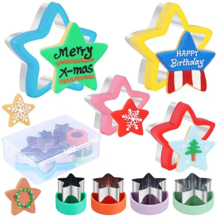 Juego de cortadores Star Ce de 8 piezas con caja de almacenamiento, herramientas para hornear de acero inoxidable resistentes, asas de plástico, apto para lavavajillas