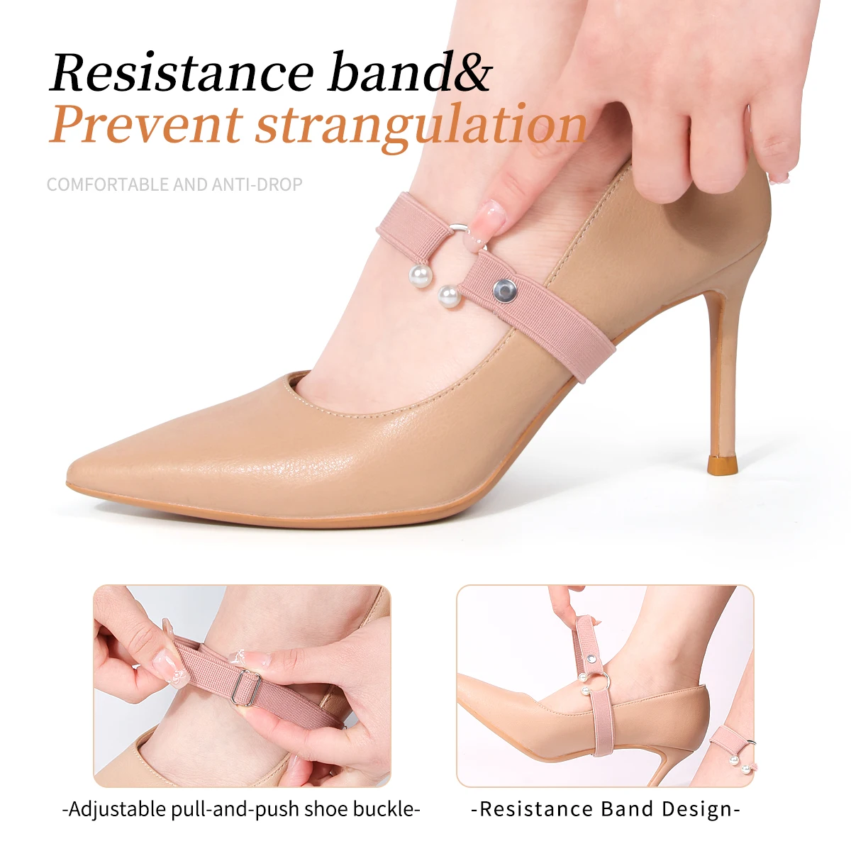 Damen High-Heel-Anti-Rutsch-Schuhriemen, Verstellbare Elastische U-förmige Perlenriemen – Detail 3