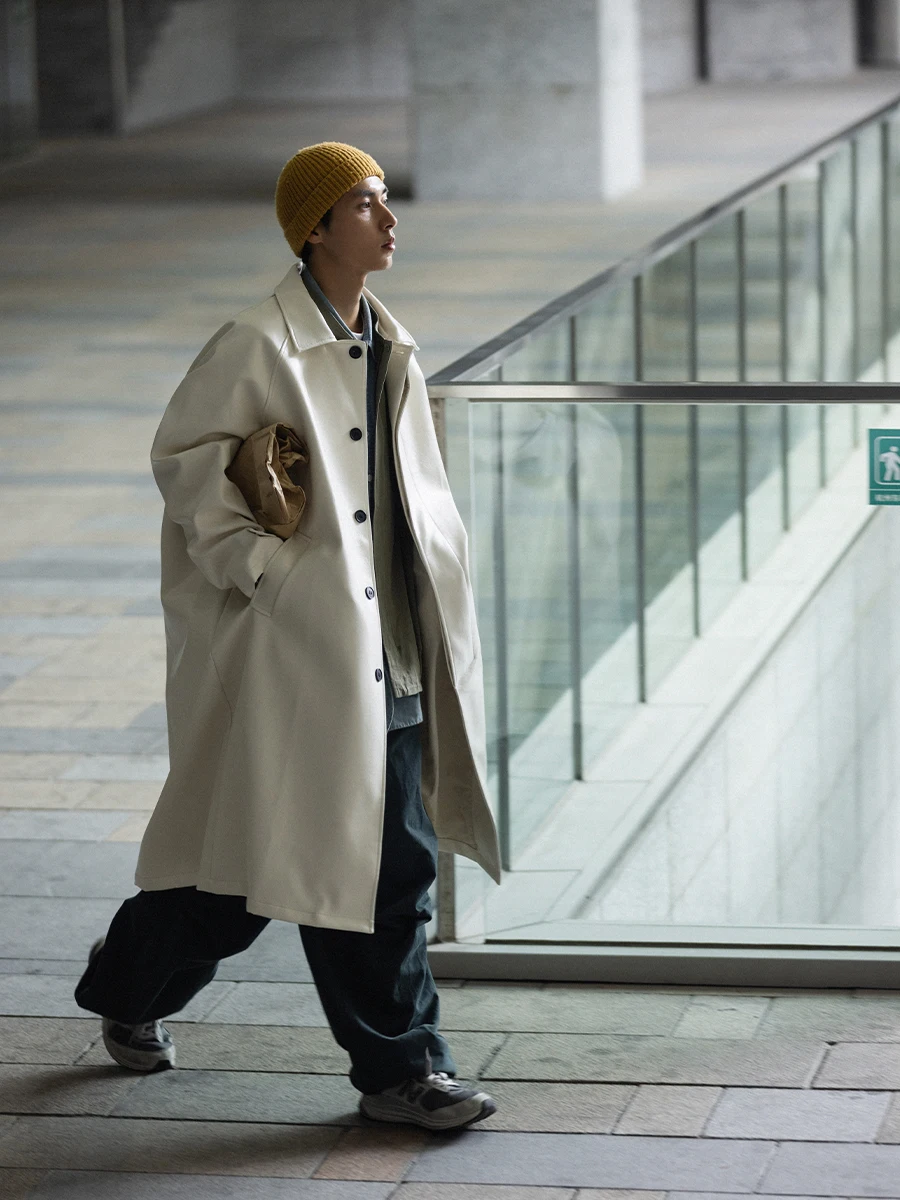 

Noears Long Line White Japanese Sle Men's Overcoat Loose Fit Windproof PU Leather Jaet Turn-down Collar Spring Autumn Thi...