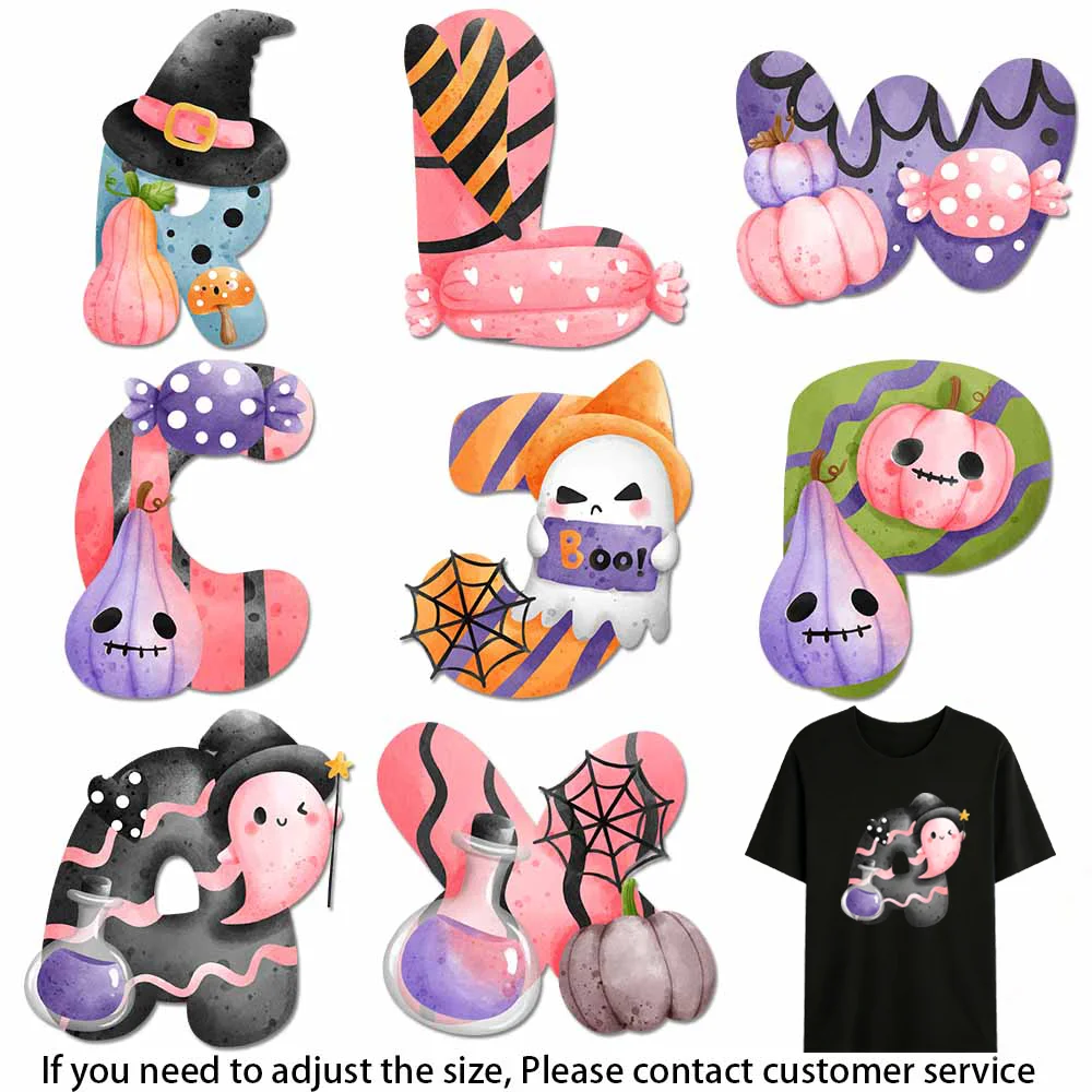 Cute Halloween A-Z Alphabet Iron on Patches Ghost Pumpkin Spider Web Heat Transfer Sticker DIY Applique for Clothes