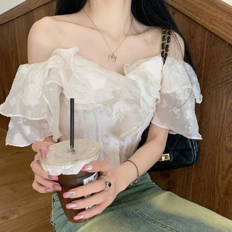 French White Ruffled One-shoulder Shirt for Women in Summer Fish Bones to Slim Short Off-shoulder Top