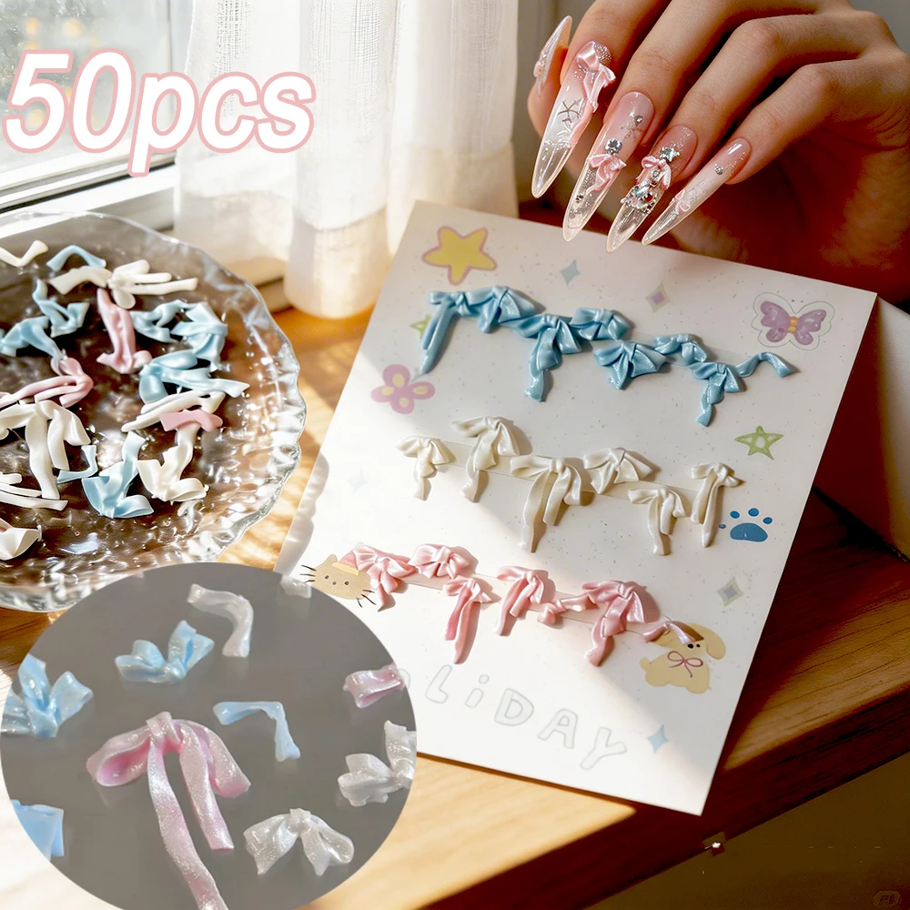 

50/100pcs 3D Mixed Pearlescent Soft Carving Bow Nail Charms Pink White Blue Ribbon Bowknot Flatback Nail Decor Bowtie Nail Suppl