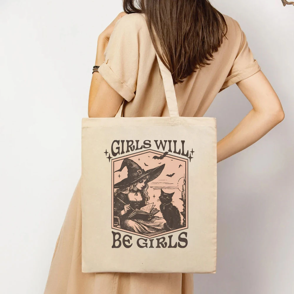 Vintage Girls Will Be Girls Tote Bag Witch Women Handbag Halloween Women Bag Witchy Vibes Women's Handbags Salem Witch Tote Bags