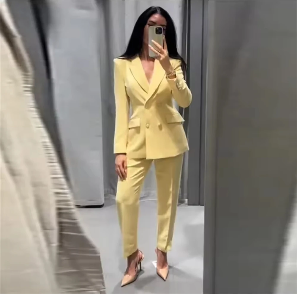 Yellow Blazer Coat Pants Sets 2 Pcs Women Double Breasted Notched Jacket Straight Trousers Suits Female Commute Outfit view 4