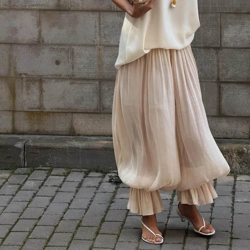 

Элегантные мешковатые шаровары для женщин, осенние уличные шикарные прозрачные брюки с эластичной резинкой на талии, осенние повседневные расклешенные длинные брюки