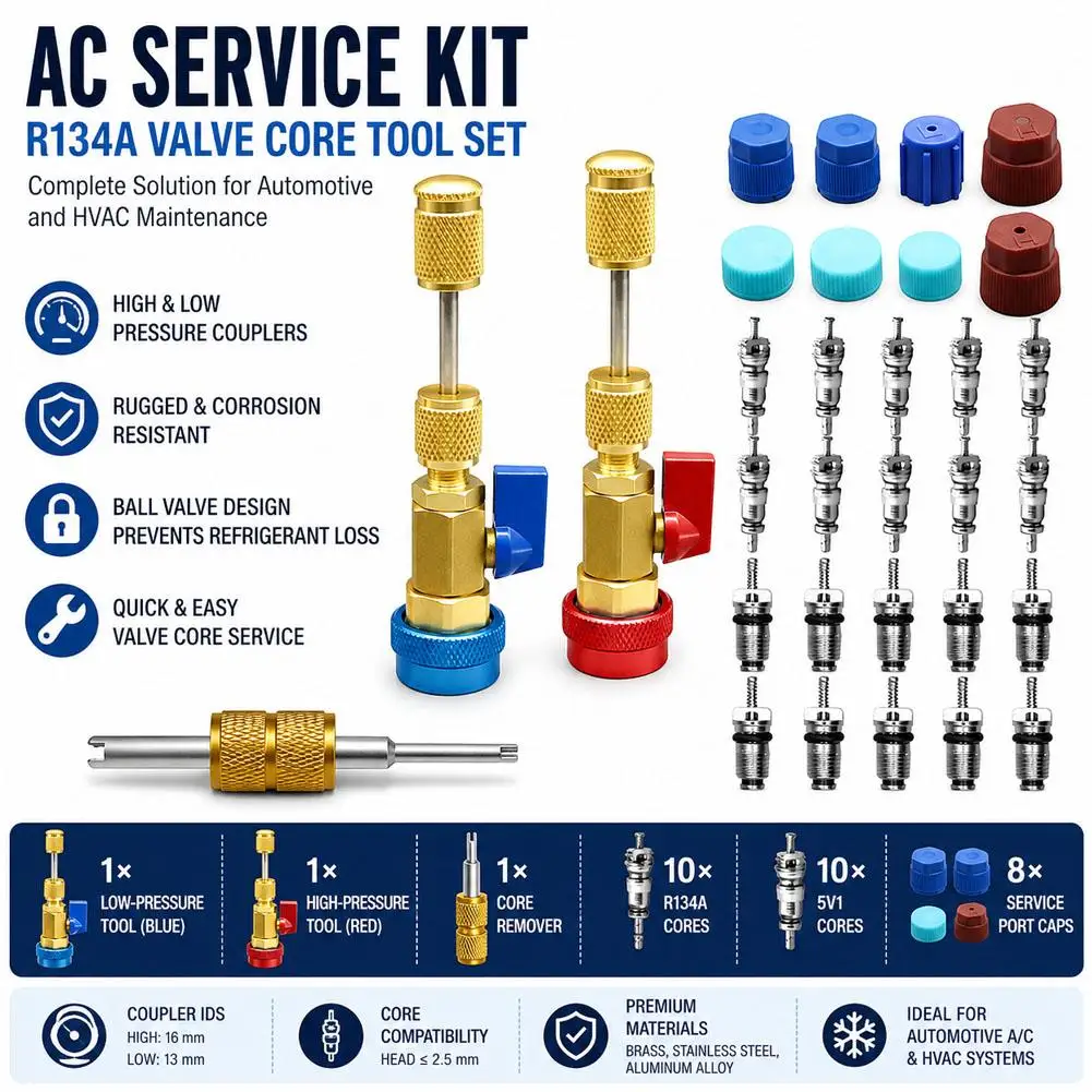 31Pcs R134A Valve Core Quick Remover Installer Tool Set, High Low Pressure AC Valve Core Removal Tool