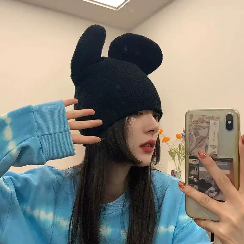 Cute Disney Big Ears Mickey Mouse Warm Bonnet Hats Women Cartoon Minnie Knitted Cap Girl Fashion Kids Casual Adult Children Gift