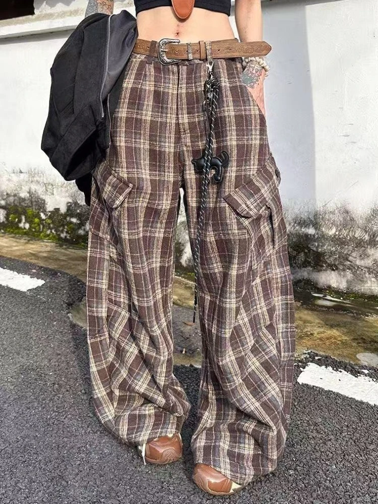 Vintage Chic American Vintage Pocket Trousers Design Leopard Print Patchwork Button Loose Straight Leg Pants Y2k Outfit 2025 New