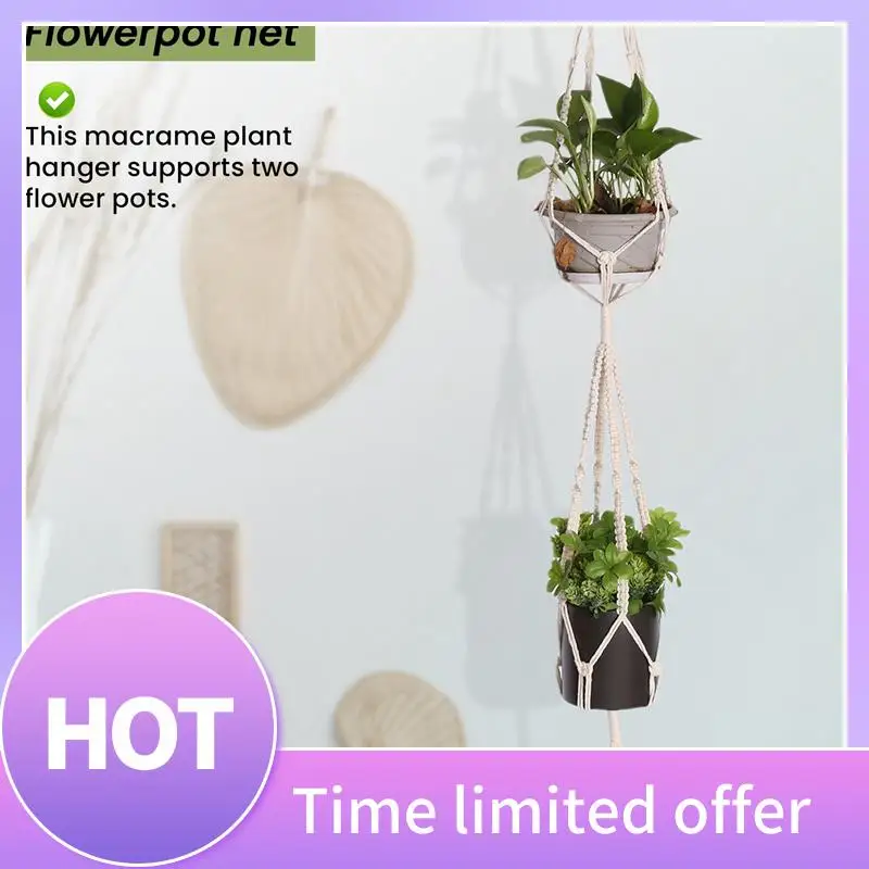 

B69C Macrame Double Plant Hanger Indoor Outdoor 2 Tier Hanging Planter Cotton Rope 4 Legs 67 Inch