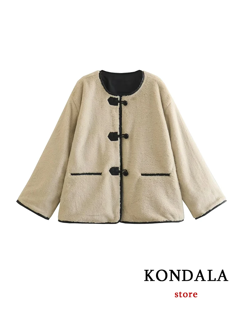 KONDALA Vintage Faux Fur Oversized Long Jackets Women Long Sleeve O Neck Autumn Winter Coats Female Fashion 2022 Casual Coats