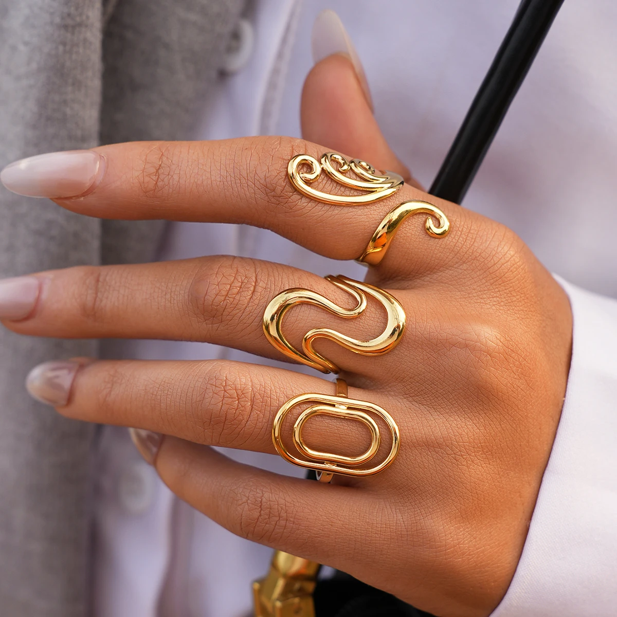 Geometrische, verstellbare offene Ringe aus Edelstahl für Damen, 18 Karat vergoldet, wasserdicht, hochwertiger Damenschmuck für den täglichen Gebrauch