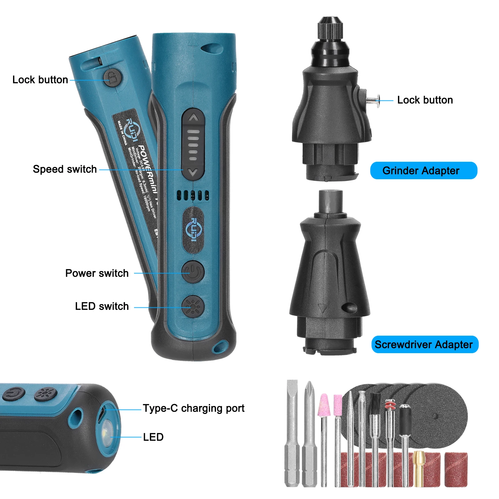 2in1 Grinding Pen Driver Set Cordless Type-C Rechargeable Mini Electric Screwdriver 2Pcs Driver Bits 7Pcs Grinding Bits Kit