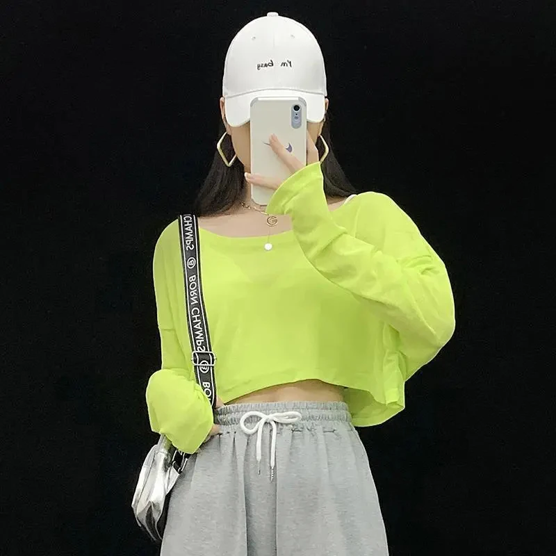 Sexy Long Sleeve Jazz Blouse Tees Women Solid Loose Hip Hop Dance Cropped Tops Fashion Streetwear O Neck Blue Sunproof Pullover