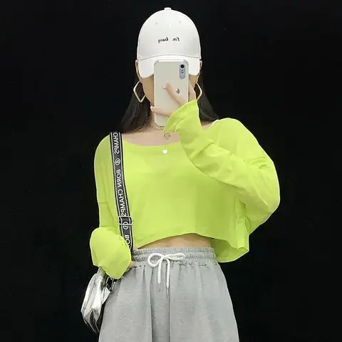 여성용 섹시한 긴 소매 재즈 블라우스 티, 솔리드 루즈 힙합 댄스 크롭탑, 패션 스트리트웨어, O넥 블루, 햇빛 차단 풀오버