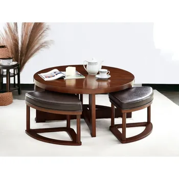 Runder Couchtisch, 36 Zoll mit 4 Hockern, moderner Couchtisch für Wohnzimmer, rundes Holz, Couchtisch-Set