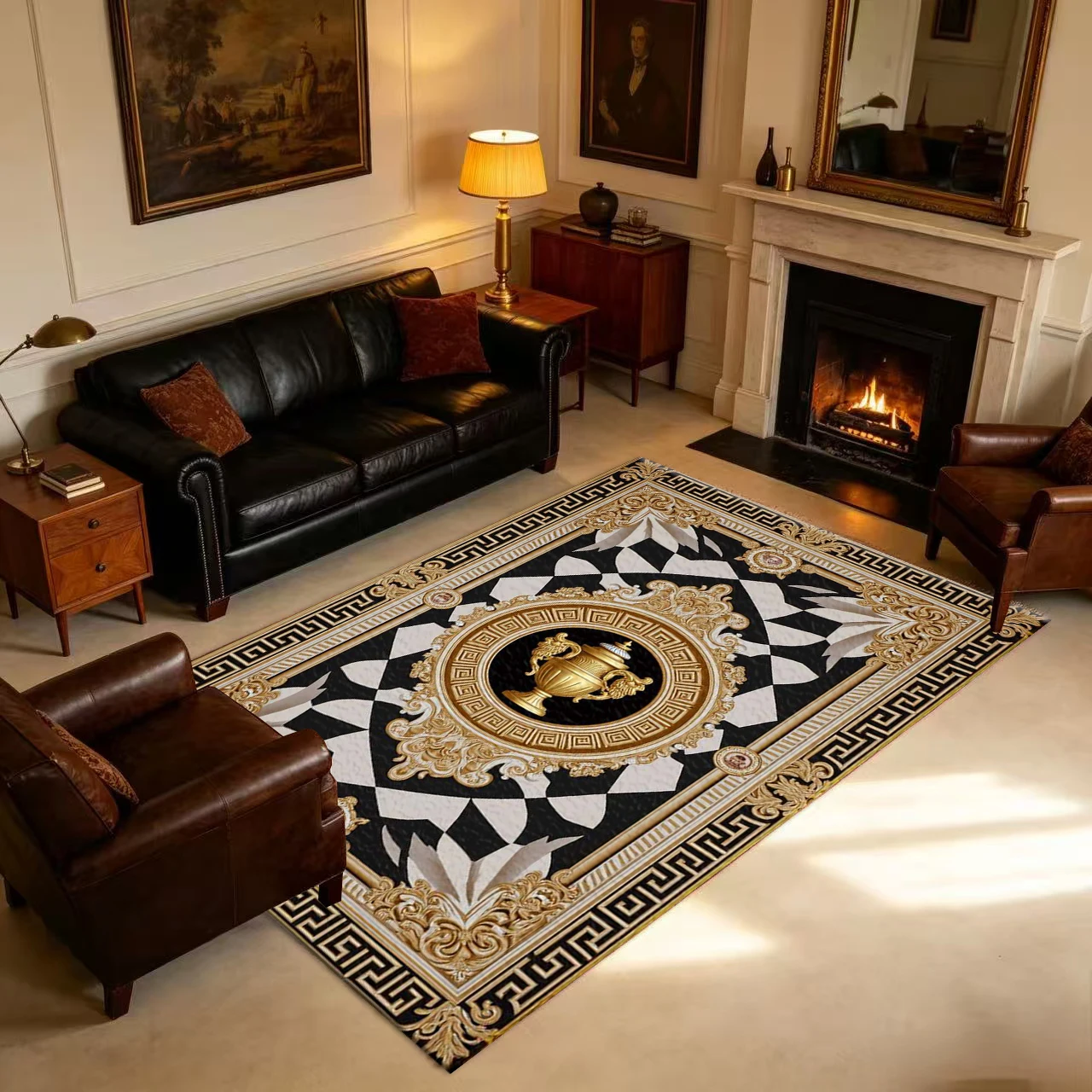 Luxurious Baroque Gold-Patterned Vase Design Carpet, Classical and Elegant Carpet, Suitable for Villa Living Room Decoration