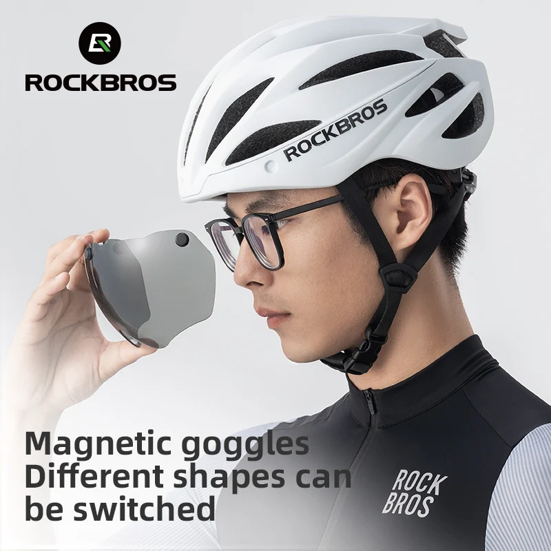 ROCKBROS Bicycle Helmet with Lenses Adjustable 58-62Cm Cycling Helmet Special Anti-Odor Lining Magnetic Goggles Bike Helmet