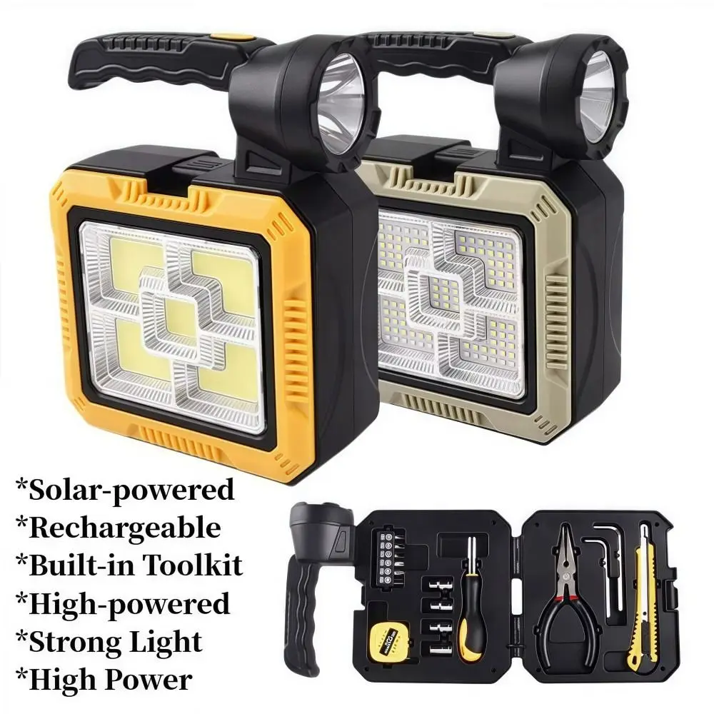 

Светодиодный фонарик на солнечной энергии, сильный свет, перезаряжаемый ручной прожектор, встроенный набор инструментов, мощный рабочий свет
