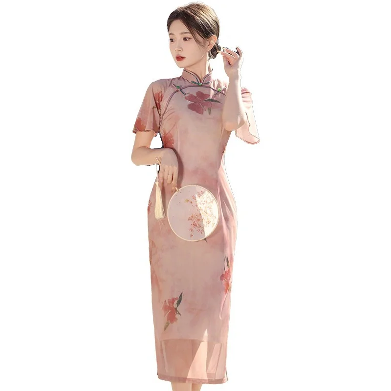 

Pink Elegant Cheongsam Chinese Traditional Clothing Stand Collar Print Pattern Costume Short Sleeved Side Slit Dress for Women