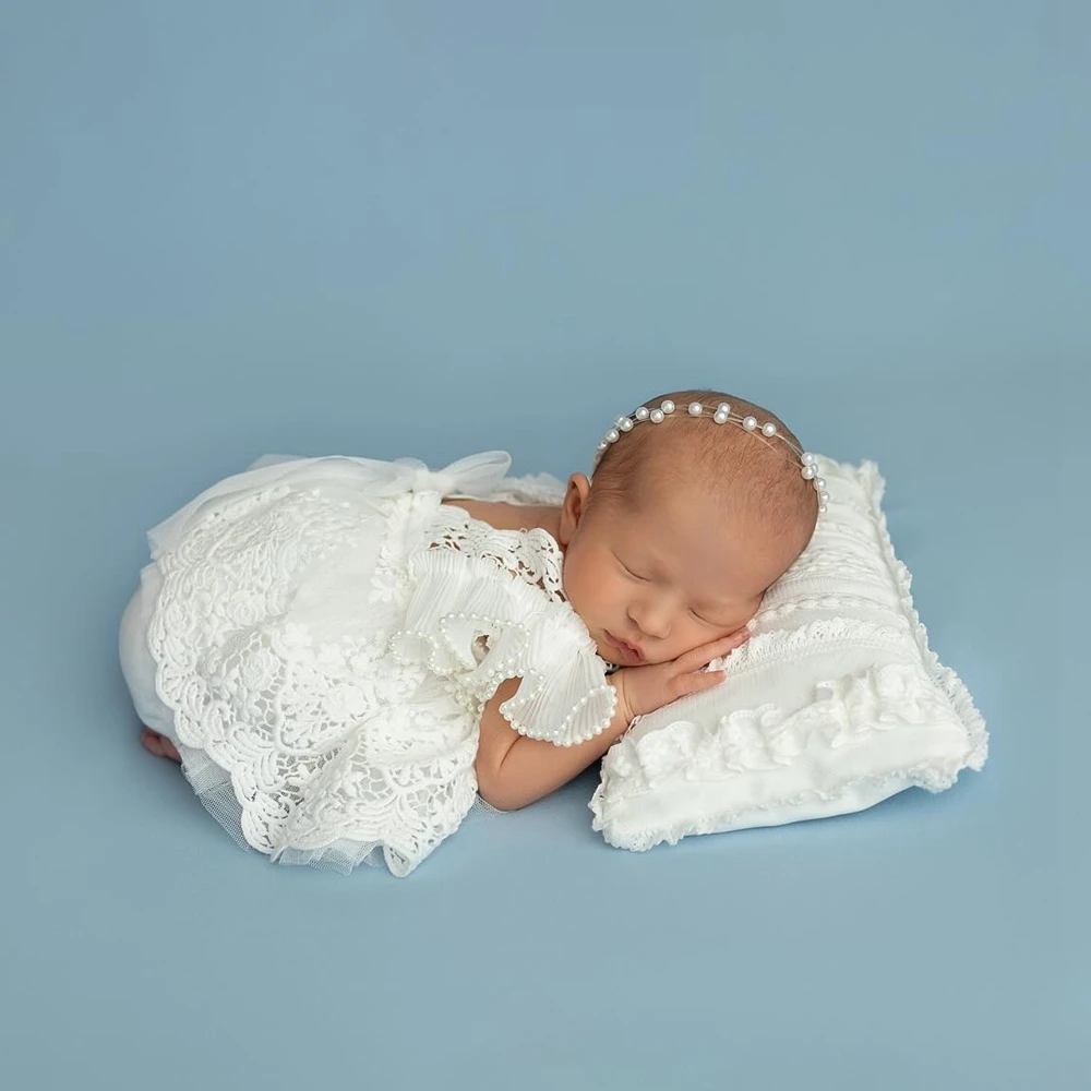 新生児写真撮影用小道具-女の子用白いレースのチュチュドレス-フリルパールショルダー付き幼児写真撮影用衣装-新生児レースドレス