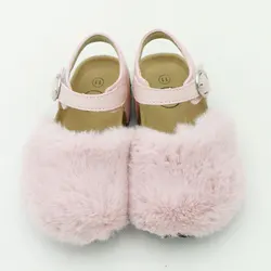 Girls Leather Shoes Spring and Fall Flat Rabbit Fur Cork Sandals Casual