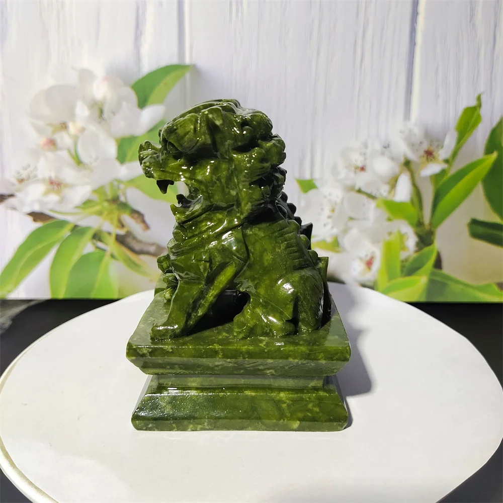 A Pair Natural Stone Jade Lion Statues Feng Shui Reiki Healing Home Decoration