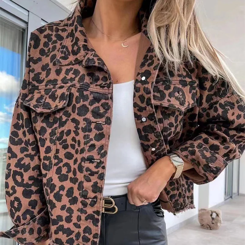 2024 Women's Autumn And Winter Coat Trendy Washed Leopard Print Fringed Loose Pocket Lapel Denim Jacket