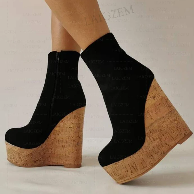 DOHBANER Ankle Boots Faux Suede Round Toe Wedges Zip Up Booties Platform Ladies Unisex Shoes Woman Big Size 39 43 45 47 50 52