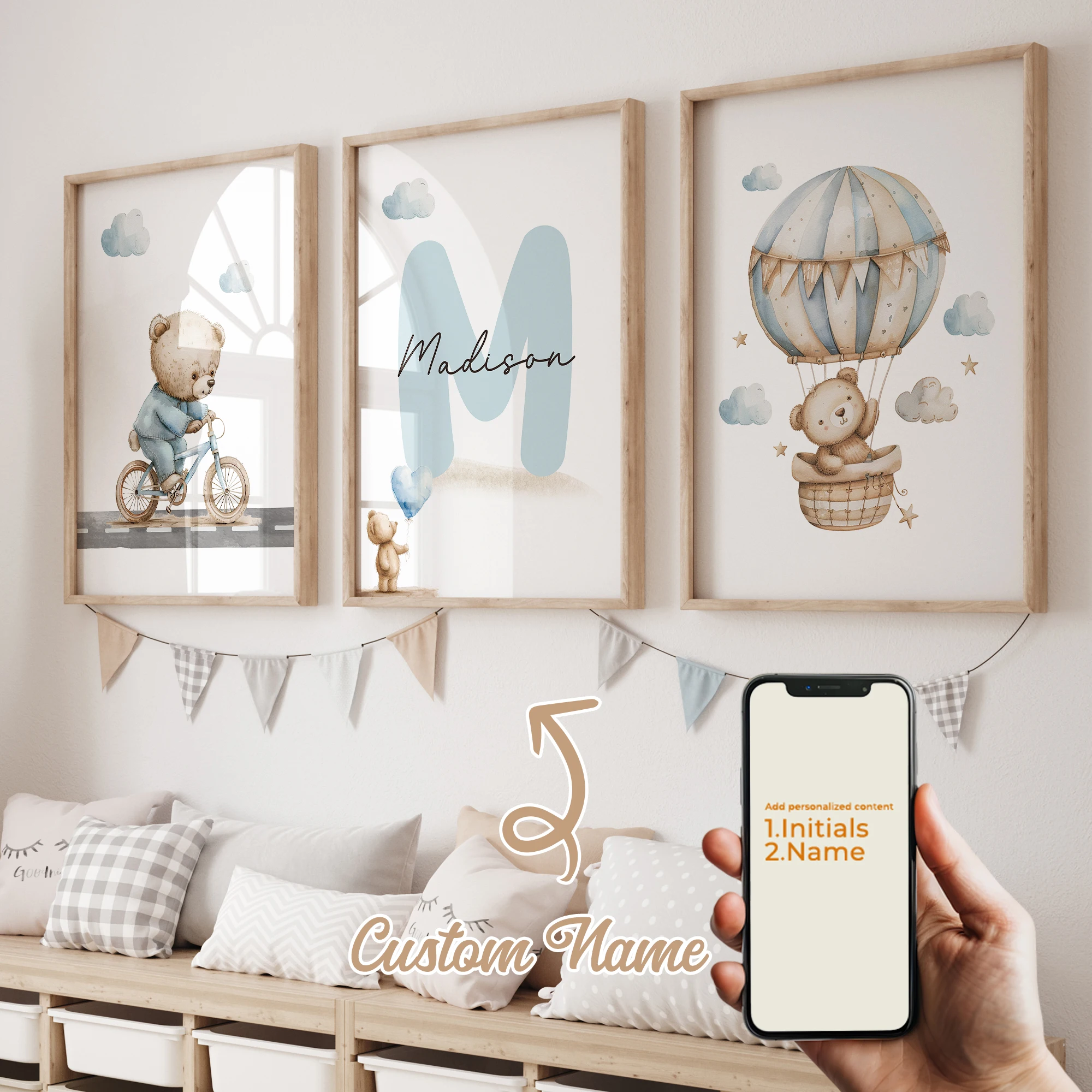 3pcs Personalized Name Blue Bear Wall Art Print Picture Canvas Poster Painting Living Room Children's Room Home Decor