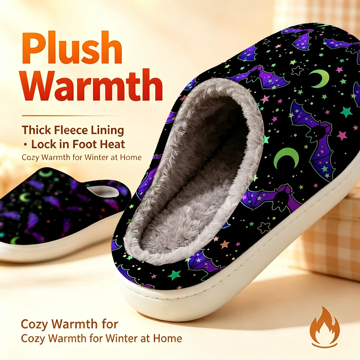 Halloween Bats Christmas White Slippers Warm Plush Indoor Shoes Non-Slip Winter Slippers Family Holiday Gifts Soft