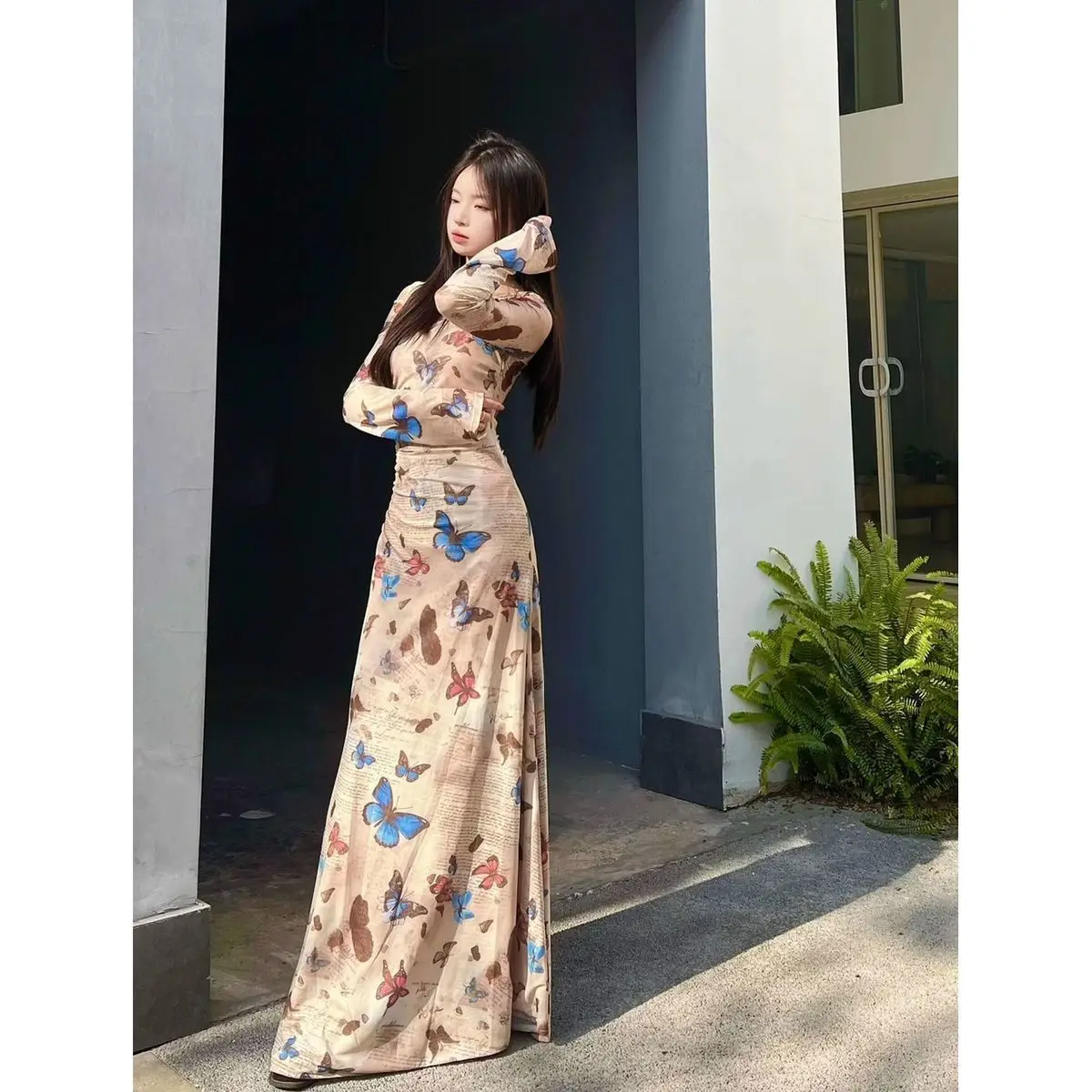 

Vintage Y2K Bodycon Maxi Dress Girly Butterfly Print Long-Sleeve Slim Dresses Womens Fitted Hip-Hugging Sexy Long Dress Birthday
