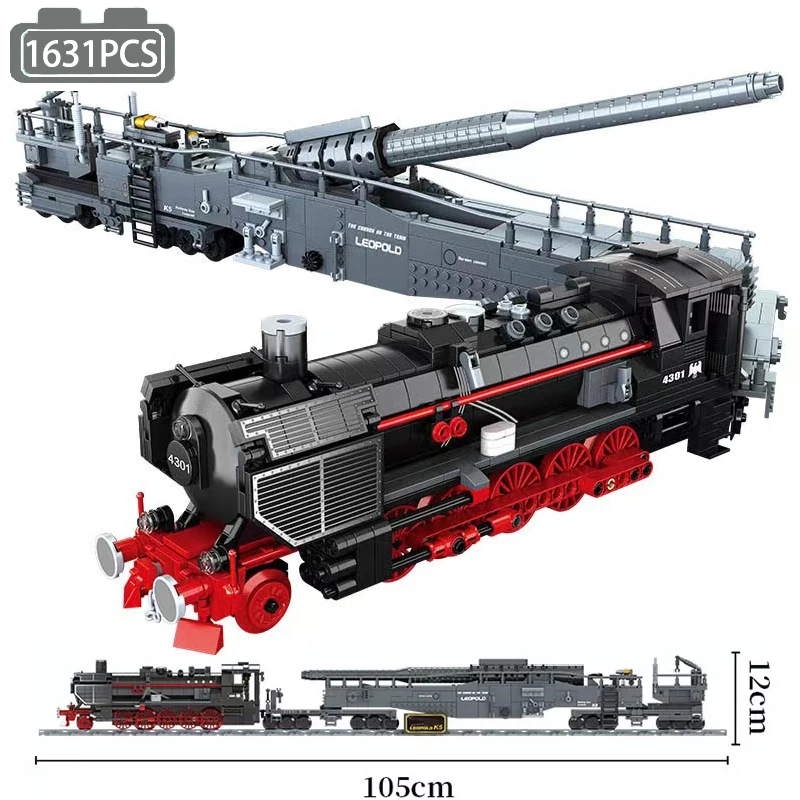 

1631PCS Military K5 Leopold Train Gun Building Blocks WW2 Weapon Soldier Vehicle Model Bricks Toys For Kid Birthday Gift MOC