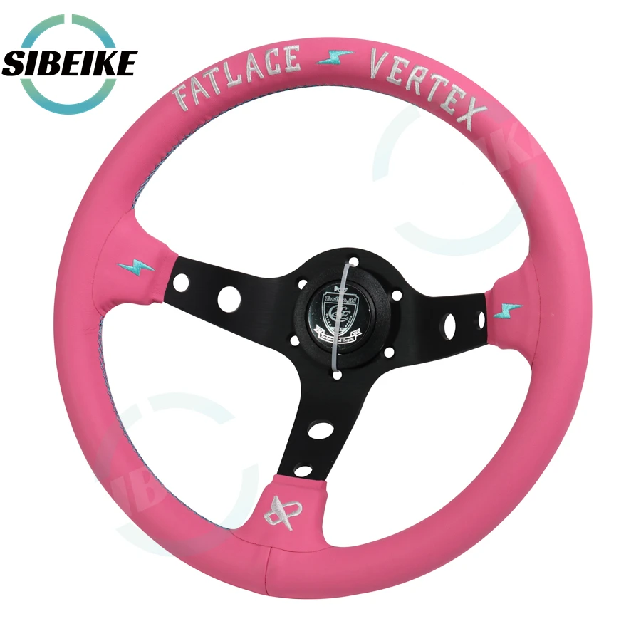 JDM 13inch Universal Pink Leather Steering Wheel VERTEX Fatlace Embroidery Sports Steering Wheel