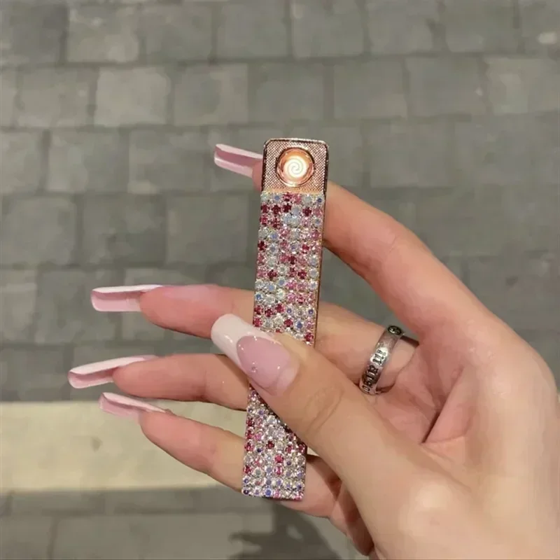 New Rechargeable USB Windproof Cigarette Lighter, Diamond-encrusted Tungsten Wire, Exquisite and Compact, Gift Lighter for Women