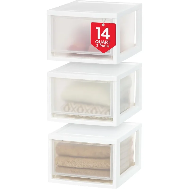 White Stackable Drawer Organizers 14.5 Qt - 3-Pack Plastic Storage Containers for Home Office Organization