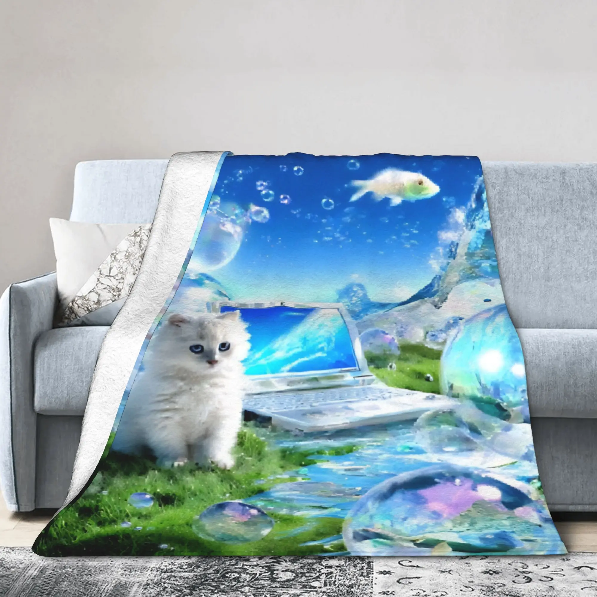 Computer Cat Knitted Blanket Fleece Frutiger Aero Lightweight Thin Throw Blanket for Outdoor Travel Bed Rug