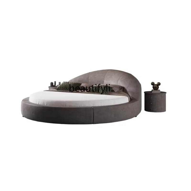 

Faux Leather round Double Bed Luxury Master Bedroom round Marriage Bed Hotel Senior Romantic Princess Bed